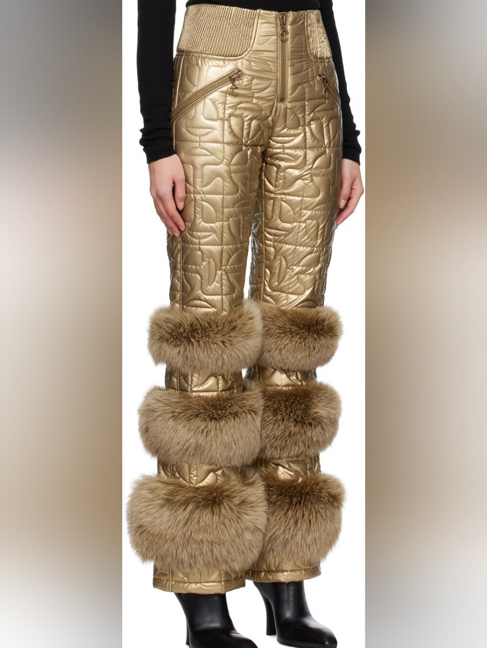 Gold Quilted Ski Pants with Real Fox Fur Trim